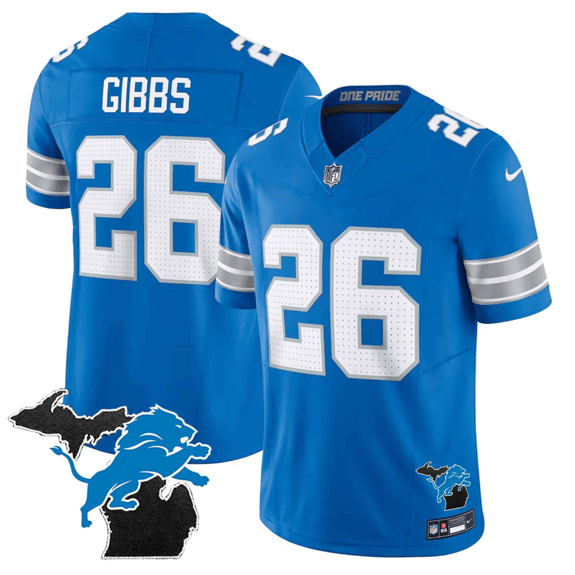 Men Detroit Lions 26 Gibb Blue 2024 Nike Michigan Patch Vapor Limited NFL Jersey